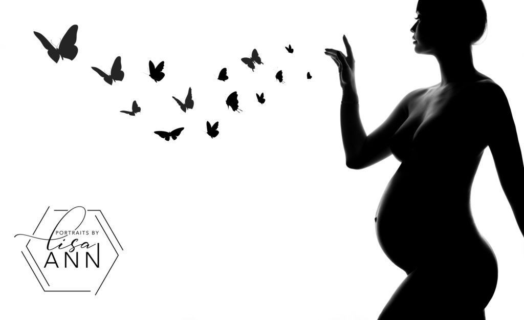 pregnant photo black and white in silhouette with butterflies