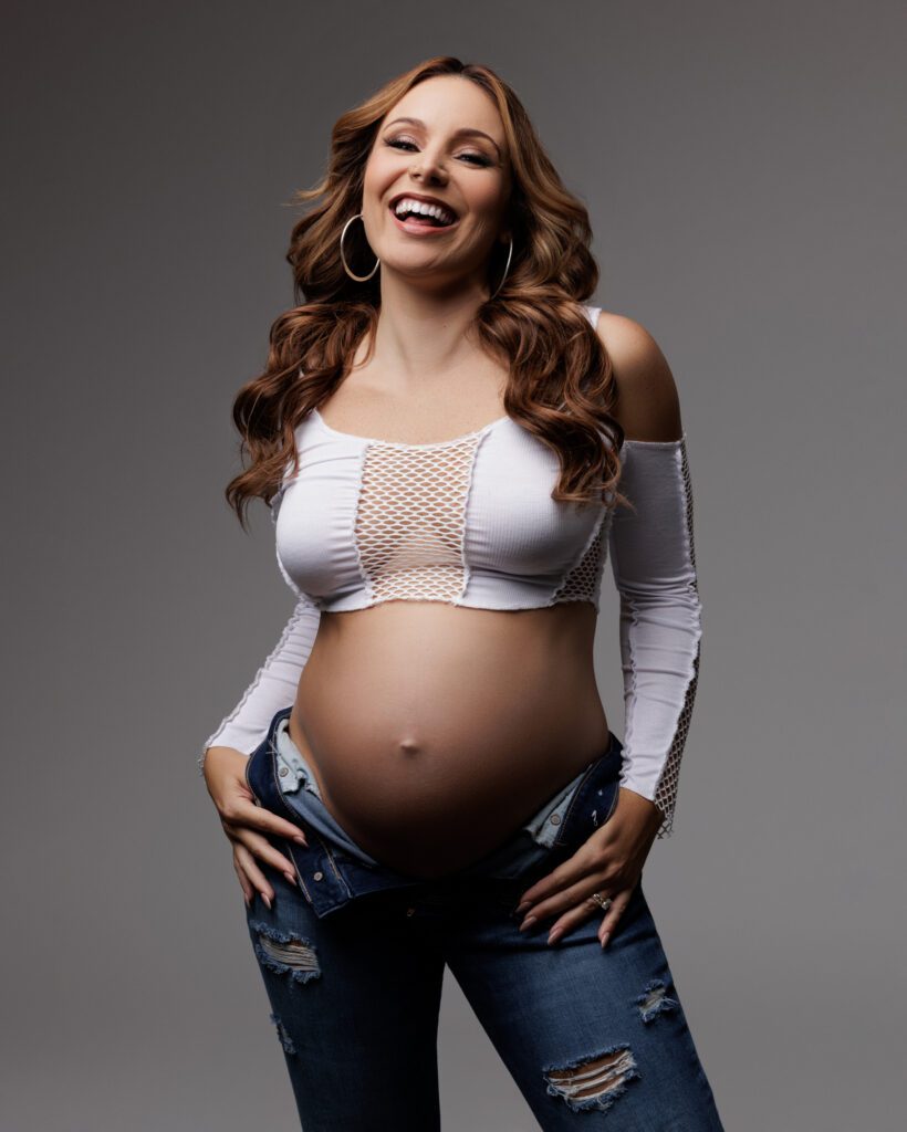  Happy pregnant women in casual clothes