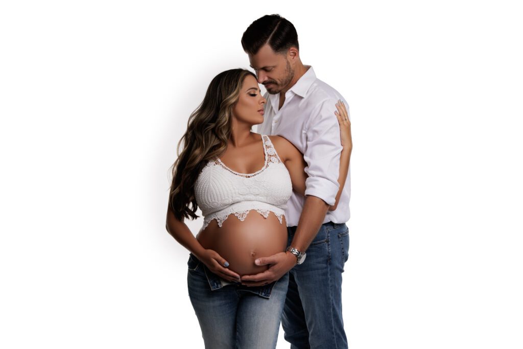 maternity photography woman and man in white shirt and jeans