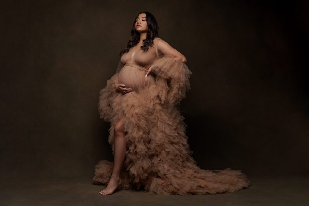 maternity shoot of woman in brown dress with brown backdrop